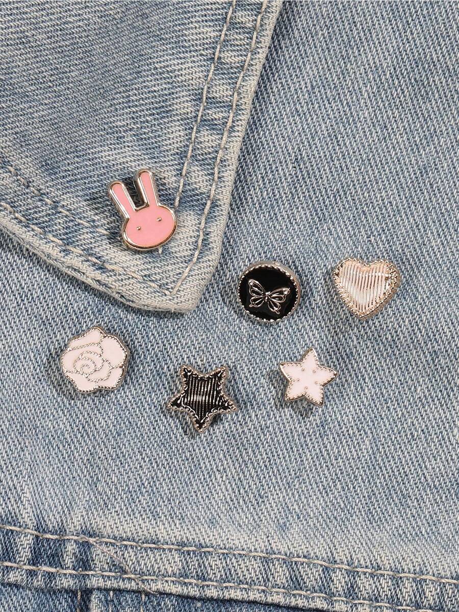 6pcs Elegant Bowknot Rabbit Flower Star Anti-Exposure Brooch Set, Versatile Shirt Collar Decoration For Women - Multicolor - View 1