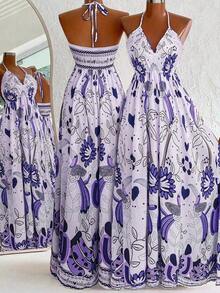 xheLalippa Vestido con estampado floral, cordones y espalda descubierta para resort de mujerxhe - Morado - Ver 2