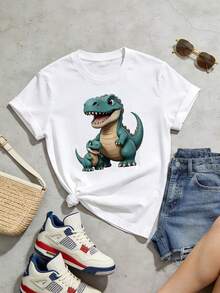 Women's Soft And Casual Short-Sleeved T-Shirt With A Crew Neck, Ideal For Summer. The Graphic Dinosaur Print With A Mother And Baby Design Is Perfect For Casual Wear In Spring And Summer. White. - 白色 - 查看 5
