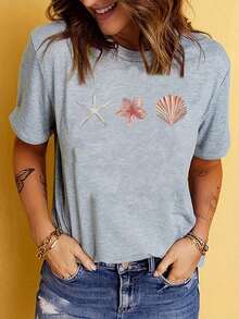 Women's Casual Summer T-Shirt With Shell Print, Round Neck And Short Sleeves, Black - 灰色 - 查看 11