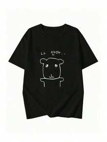 Women's Short-Sleeved T-Shirt With Round Neck, Personalized, With Summer Letter Print, Modern, Casual, Versatile, Loose Fit In White - Unisex Loose Cotton T-Shirt With Round Neck And Short Sleeves, Urban Vintage Style. - 黑色 - 查看 3