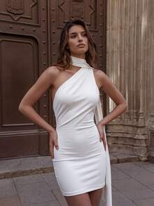 Basrey Elegant Charming White Spaghetti Strap Backless Sleeveless Mini Cocktail Dress For Women Wedding - White - View 1
