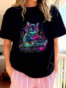 Men's Pure Cotton T-Shirt With Cat Graphic Design, DJ Techno EDM Rave Style, For Cat Lovers - 黑色 - 查看 3