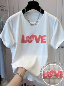 Women's White Short Sleeve T-Shirt, Casual, Versatile, With Cartoon Letter Print, 100% Cotton - 白色 - 查看 1