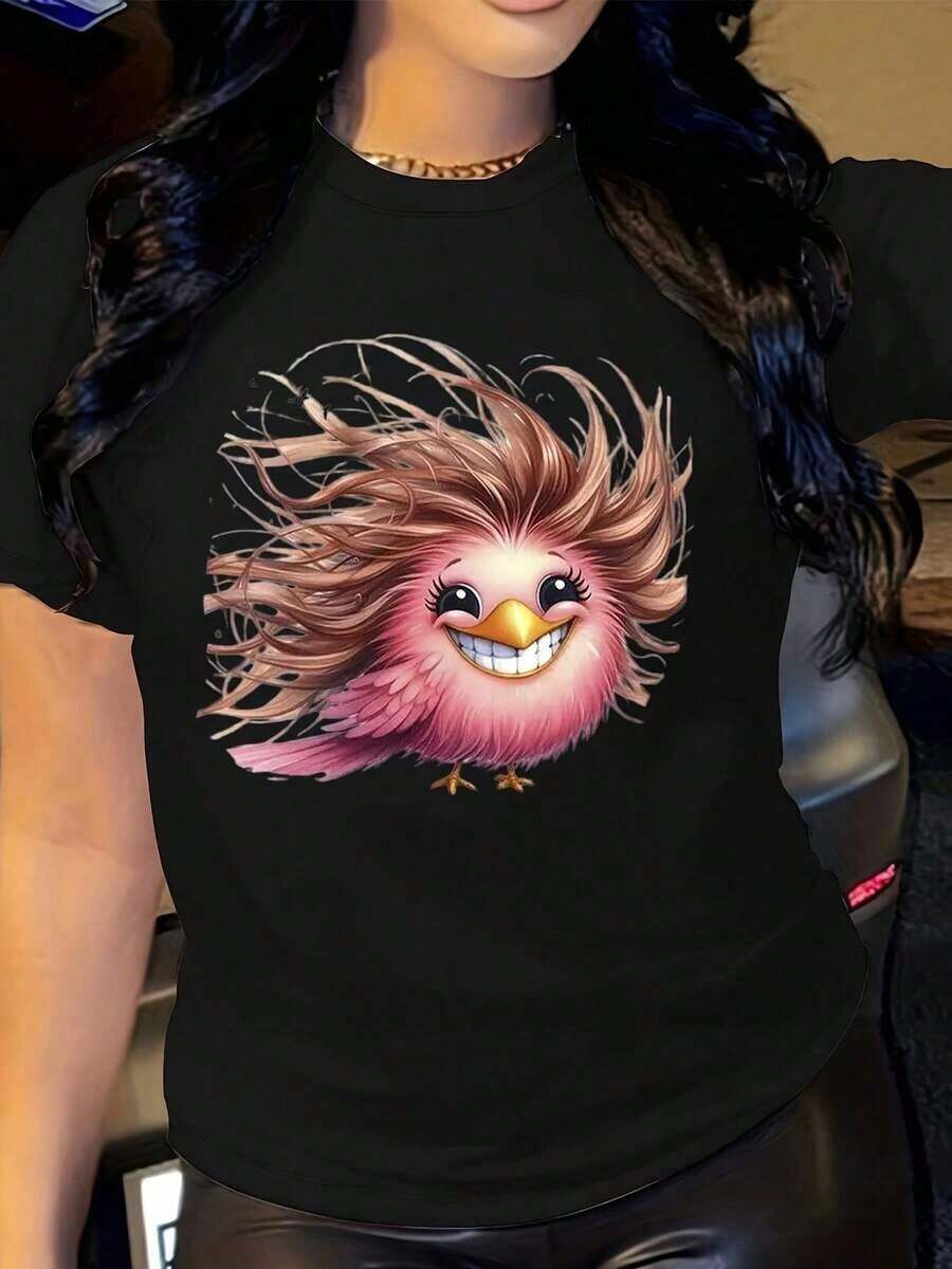 Women's Fun Pink Bird Print T-Shirt - Relaxed Fit, Crew Neck, Lightweight And Breathable Fabric For Everyday Wear And Special Occasions - Perfect Gift For Women Who Love Casual Outfits - 黑色 - 查看 1