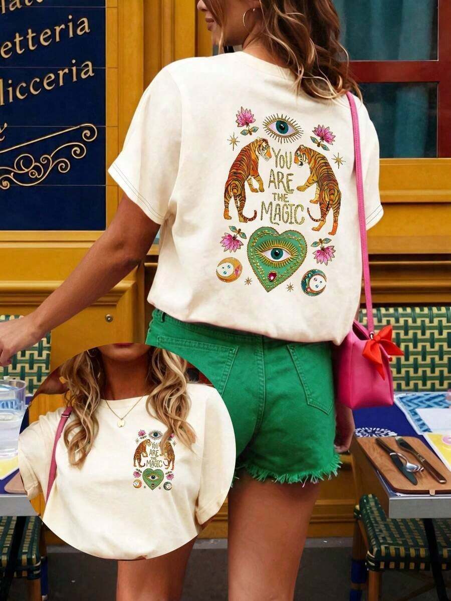Plus Size Women's Short Sleeve Summer T-Shirt With Round Neck And Mysterious Tiger Print - 杏色 - 查看 1