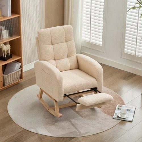 Teddy Velvet Rocking Chair, Beige Armchair, Solid Wood Frame, Metal Legs With Hidden Leg Rests, High Foam Padding, For Living Room, Bedroom, Children's Room - 米色 - 查看 1