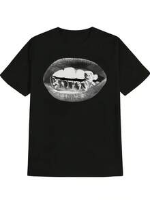 2026Camiseta de manga corta para hombre con estampado de arte oscuro de labio y diente de metal, estilo streetwear, ajuste holgado, prenda superior cómoda y única2026 - Negro - Ver 10