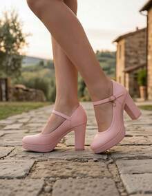 Geeyea Red Mary Jane Chunky Heels, Comfortable Round-Toe Flats With A Single Buckle, Versatile Women's Shoes. - 粉色 - 查看 5