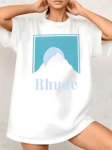 Women's T-Shirt With Mountain View Graphic Print, Sunrise Silhouette, 100% Cotton, Crew Neck, Casual Style, 1 Piece. Excellent Gifts For Friends And Family. - 白色 - 查看 1