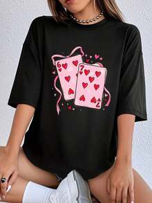 Women's Casual Crew Neck T-Shirt With Valentine's Day Heart Letter Print, Pink Bow And Heart Details, Everyday Wear, 180g - 黑色 - 查看 5