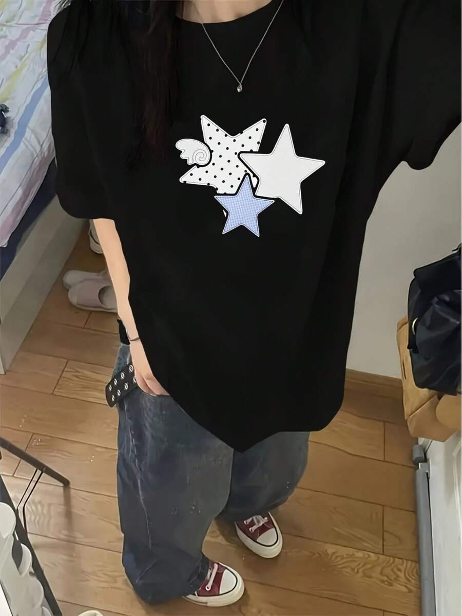 New Fashionable Women's T-Shirt With Round Neck, Five-Pointed Star Print, Short Sleeves, Knit Fabric, Perfect Choice For Autumn And Winter. Comfortable And Fashionable - Soft And Breathable, Suitable For Casual Everyday Wear. Versatile, Design, Ready For Summer. - 黑色 - 查看 1