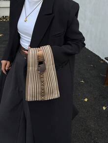 lulu kewen 女士钩针包、女士手提包、迷你钩针女士手提包、休闲女士手提包、图案女士手提包、钩针女士包、条纹图案托特包、日式购物袋、简约百搭女士手提包 - 駝色 - 查看 3