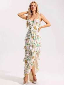 Vestido largo de noche gasa floral hombros al aire primavera verano elegante etéreo estilo europeo para mujer - Dorado - Ver 4