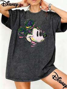 Disney Women's 100% Cotton Printed T-Shirt Featuring A Mickey Mouse Design; With A Relaxed Fit And Thick Fabric, It Combines Comfort With A Stylish Streetwear Look-The Perfect Gift.Disney T Shirt - Black - View 1