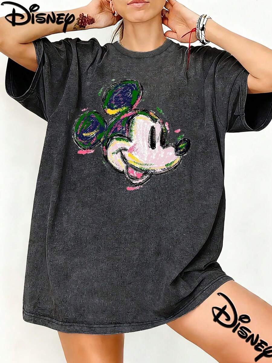 Disney Women's 100% Cotton Printed T-Shirt Featuring A Mickey Mouse Design; With A Relaxed Fit And Thick Fabric, It Combines Comfort With A Stylish Streetwear Look-The Perfect Gift.Disney T Shirt - Black - View 1