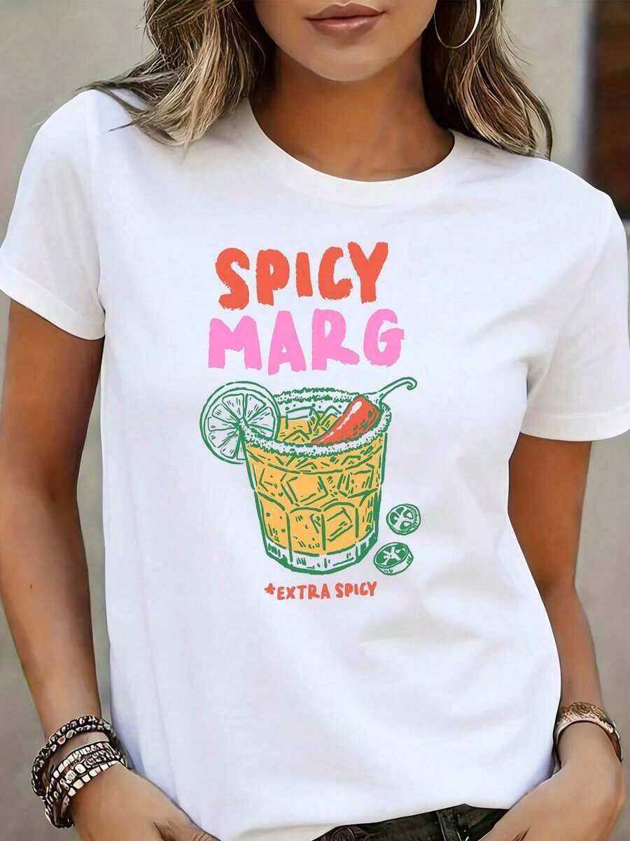 Spicy Marg Black T-Shirt With Spicy Margarita Print With Lime And Chili, Extra Spicy Text, Women's Summer Beach Party Wear, Summer Season, Mexican Fiesta, Casual Blouses For Ladies - 白色 - 查看 1