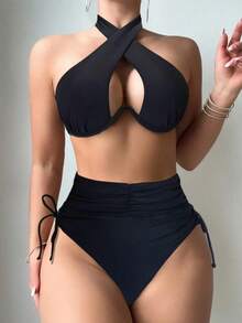 Conjunto de bikini 2025 para mujer con diseño de cruz calado, halter, sexy y con soporte de aros para el verano - Negro - Ver 3