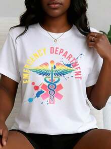Women's Printed T-Shirt With A Rainbow And Caduceus Design From The Emergency Department, Short Sleeves, Crew Neck, Casual Style, For Medical Professionals And Healthcare Workers. Perfect Gift For Nurses, Doctors, And Emergency Personnel. Cotton Fabric, Casual Style, Machine Washable, Women's Clothing. - 白色 - 查看 11