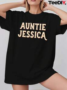 Women's Plus Size Short Sleeve T-Shirt "Aunt Jessica" - Loose Fit, Round Neck, Casual Sports Top, With Eye-Catching "Aunt Jessica" Logo Print, Machine Washable, Suitable For All Seasons. - Black - View 7