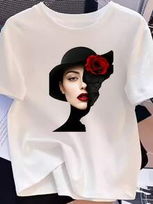 Camiseta Estampada para Mujer con Retrato de Mujer en Estilo-Art Digital - Camiseta Casual de Manga Corta y Cuello Redondo, con un Corte Relajado para Todas las Estaciones, Perfecta para el Uso Diario y Atuendos de Vacaciones (Lavable aáquina), Diseño Moderno y Artístico. - Blanco - Ver 1