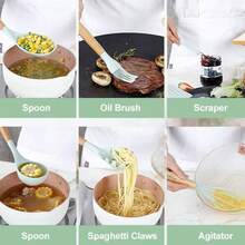 Wooden Handle Silicone Kitchen Utensils 12-Piece Set: Non-Stick Pan Spatula And Spoon, Complete Household Kitchen And Baking Tool Set With Storage Bucket. The Set Includes A Spatula, Ladle, Slotted Spoon, Scraper, Oil Brush, Whisk, Food Tongs, And Other Practical Tools. Comes With A Matching Storage Bucket, Making It Suitable For All Cooking Scenarios Including Frying, Stir-Frying, Braising, Deep-Frying, And Baking. - Red - View 5