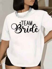 Women's T-Shirt With BRIDE Print, Short Sleeve, Round Neck, For Bachelorette Party, Wedding Celebration, Basic Women's Blouse, Women's Blouse, Urban Style T-Shirt, Casual T-Shirt For Festivals And Daily Use. - 白色 - 查看 6