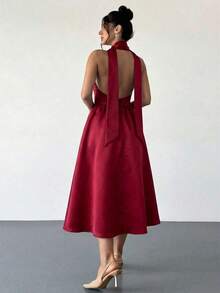 High-Waisted Midi Dress With A V-Neck And Open Back, In A Vintage French Polka Dot Style, Suitable For Valentine's Day, Concerts, Performances, Dates, Banquets, Weddings, Sexy, Elegant, Back To School, Vacation, Beach, Romantic - 粉色 - 查看 2