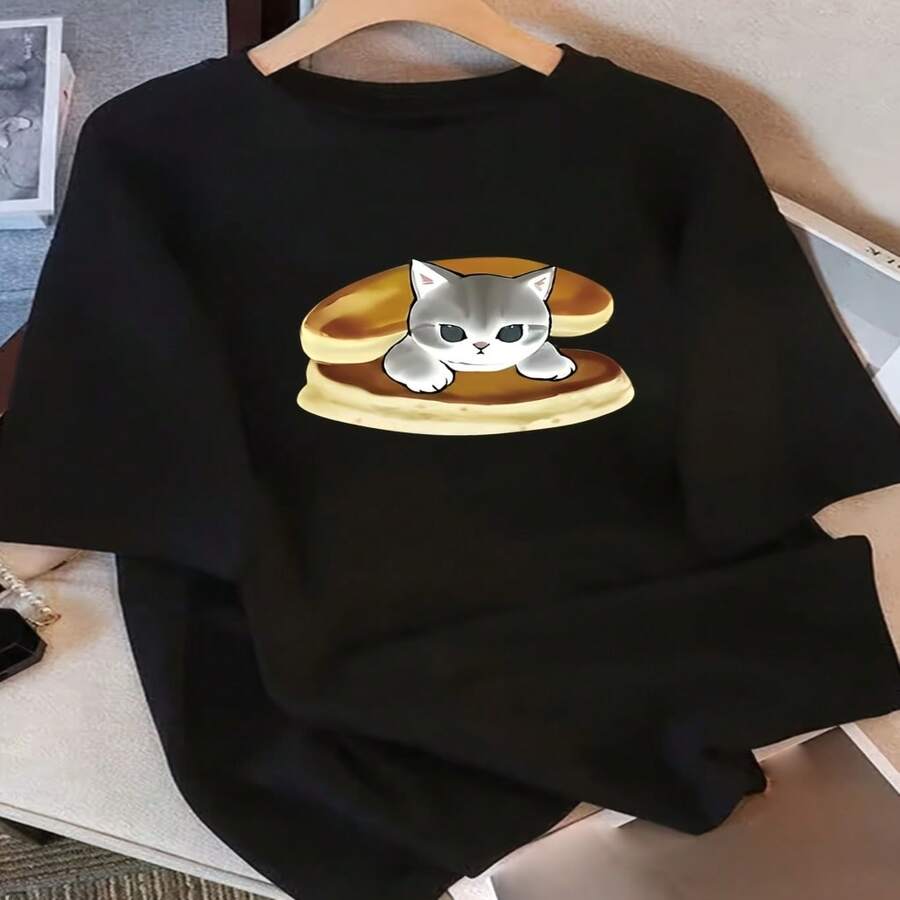Camiseta de manga corta para mujer con Diseño y estampado únicos, nuevo estilo de verano holgado para 2025, top favorecedor para S-XXXL - Negro - Ver 1