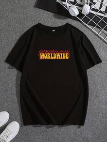 Men's Short-Sleeved T-Shirt With Fire Letter Print - Black - View 8