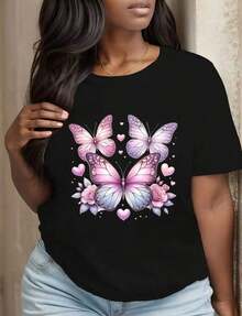 Cotton T-Shirt With Bohemian Butterfly And Floral Heart Pattern Design, Fashionable Casual T-Shirt For Women, Summer Clothes, Gift For Her On Her Birthday Or Valentine's Day - 黑色 - 查看 11