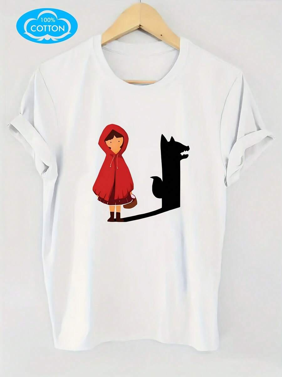 100% Primavera Y Verano Talla Europea Top De Manga Corta Para Mujer Estampado Único Transpirable Cómodo Cuello Redondo Holgado Casual