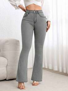 Jeans de pierna acampanada de corte slim casual para ir al trabajo - Gris - Ver 3