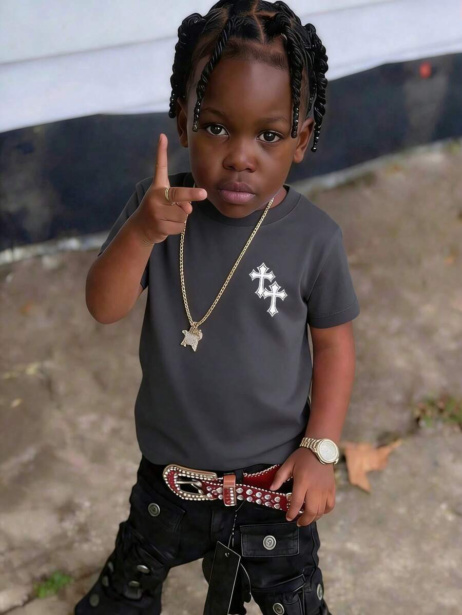 Young Boy-Double Cross Print T-Shirt, Soft And Comfortable Fabric, Suitable For Boys Outdoor Sports, Daily Wear, Street Style, Campus Style, Fashionable Boys Spring/Summer Casual Versatile Top - Dark Grey - View 1