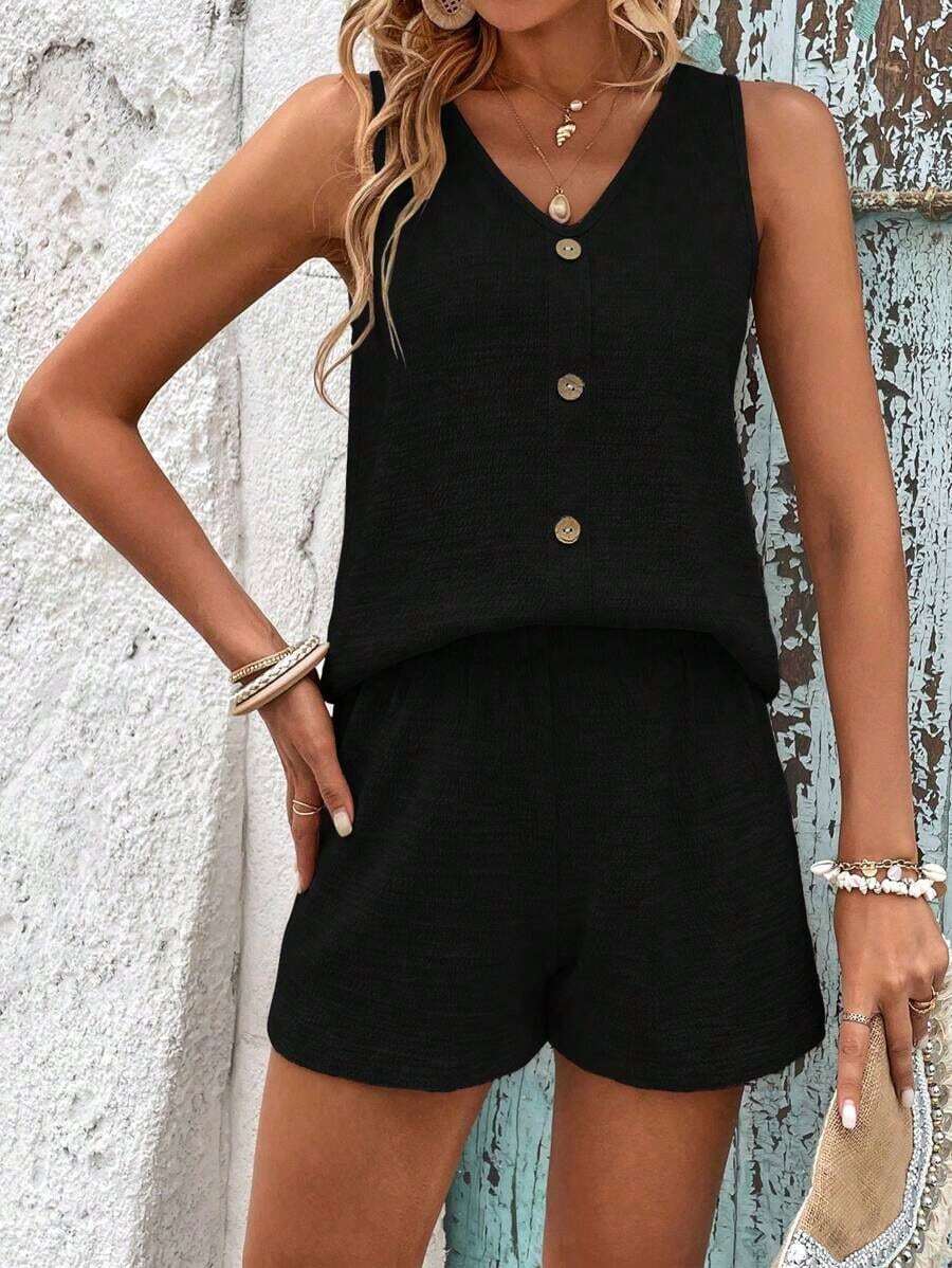 LUNE Conjunto De Camiseta Sin Mangas Y Pantalones Cortos De Color Sólido Para Mujer Con Cuello En V - Negro - Ver 1
