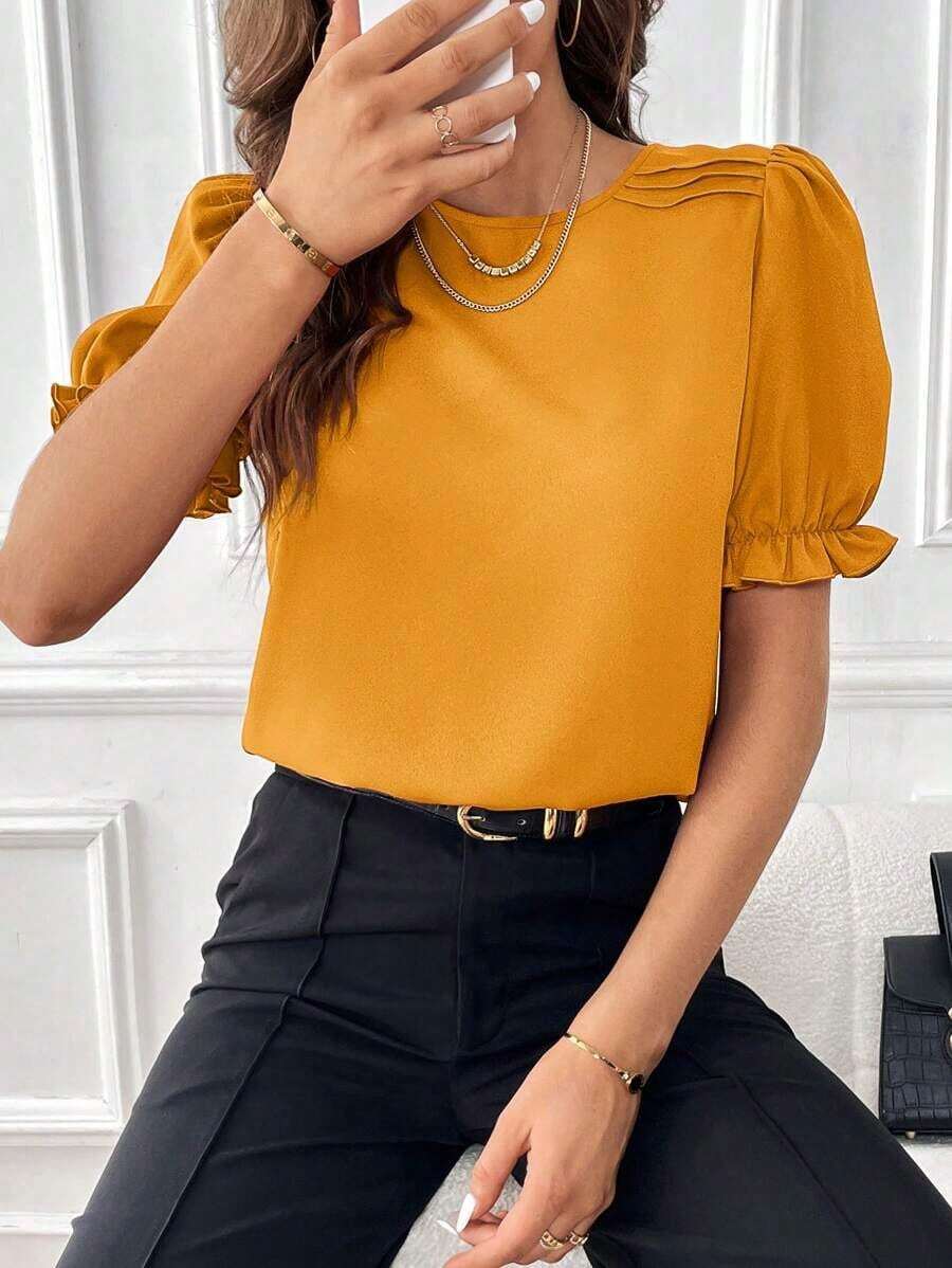 Camisa de manga abullonada de unicolor para mujer, blusas de manga corta - Amarillo Mostaza - Ver 1