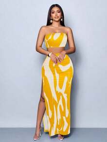 Vestido maxi elegante de fiesta con estampado de rayas abstractas y colores vibrantes, diseño ceñido y sexy, perfecto para salir, fiestas y vacaciones - Multicolor 3 - Ver 5