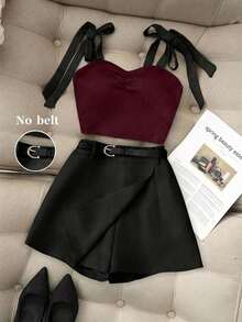 Conjunto Sexy  de 2 Piezas – Top con Tirantes Finos y Lazo Frontal en Contraste + Shorts Color Caqui – Perfecto para Vacaciones y Citas - Burdeos - Ver 1