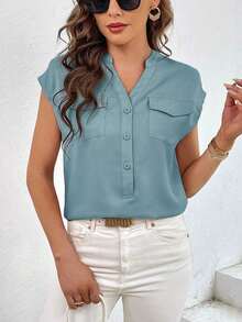 Camisa con bolsillo con solapa de manga murciélago con bolsillo con solapa con botón delantero - Niebla azul - Ver 5