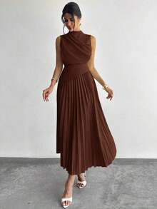 Vestido de línea A con cuello de swing sin mangas y volantes, falda paraguas, para volver al colegio, ropa escolar, fiesta, estilo de mujer de dinero antiguo, atuendos para salir, atuendos de fiesta para mujer, atuendos de oficina para mujer, fald - Marrón - Ver 8