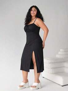 Vestido largo de mujer talla grande con estampado de lunares, tirantes finos, para playa, atuendo primaveral, fiesta de vacaciones, vestido hawaiano, vestido casual de mujer, vestido largo casual con espalda abierta, estampado floral y bajo con a - Negro - Ver 5