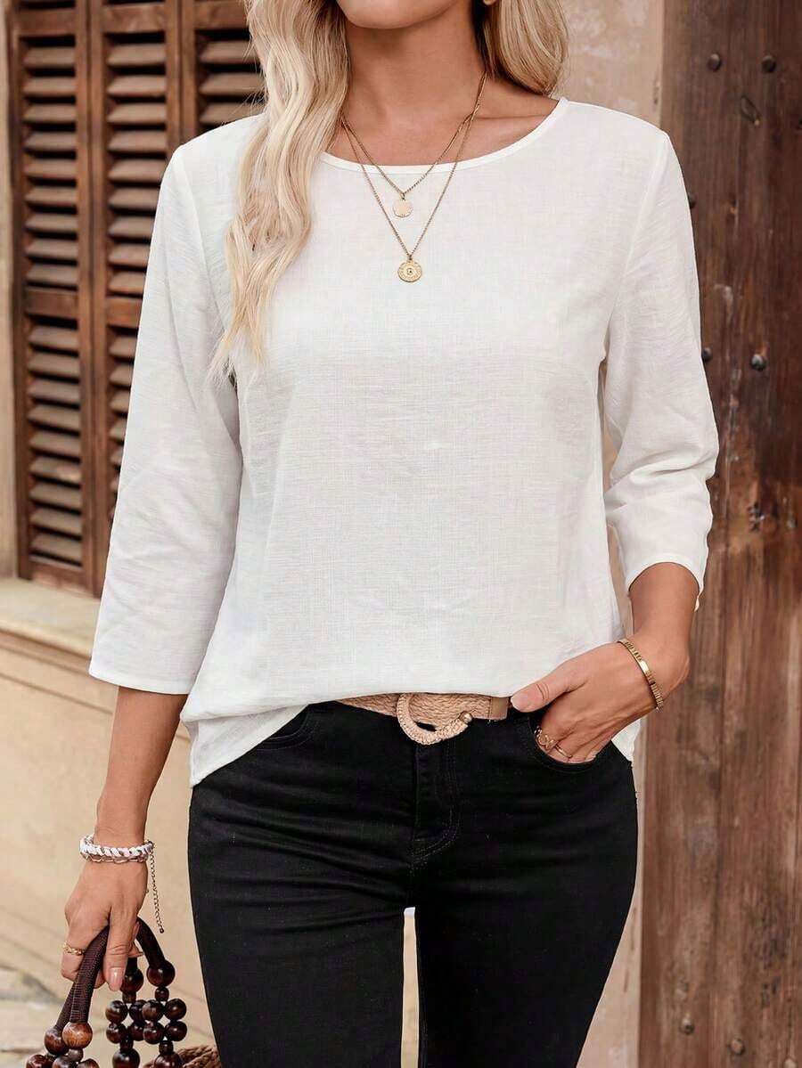 Camisa casual de mujer de manga larga y cuello redondo de unicolor - Blanco 2 - Ver 1