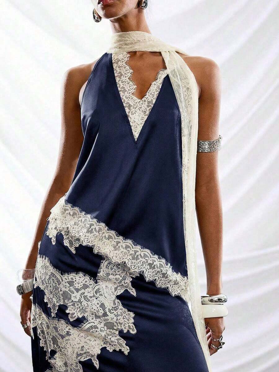 2026 Nuevo Camiseta sin mangas casual con dobladillo asimétrico de encaje y parches minimalista, Camisa de mujer de moda/Camisa casual de mujer, Estilo de vacaciones - Azul marino - Ver 1