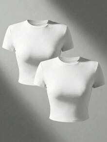 Camiseta de mujer de manga corta, cuello redondo, ajuste ceñido, estilo casual para primavera y verano, camiseta de mujer, top básico de mujer, top corto, top para exteriores en color blanco - Blanco 2 - Ver 1