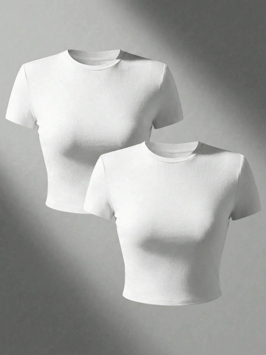 Camiseta de mujer de manga corta, cuello redondo, ajuste ceñido, estilo casual para primavera y verano, camiseta de mujer, top básico de mujer, top corto, top para exteriores en color blanco - Blanco 2 - Ver 1