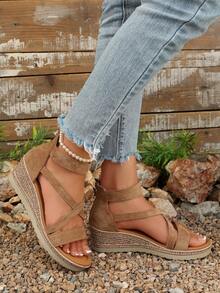 Plus Size Women's Single Strap Wedge Heel Sandals, 2026 Summer New Fashion Fairy Style Solid Color Vacation Bohemian - Brown - View 5