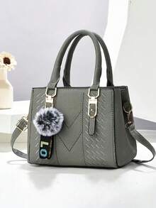 Túi xách nữ bằng da PU với chi tiết dệt tinh tế, móc khóa hình quả bông, quai xách tay, túi đeo chéo có thể điều chỉnh, túi tote thanh lịch dùng cho công sở và hàng ngày. - Nhiều màu - Xem 15