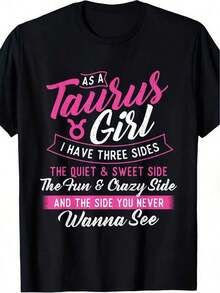 1 pieza Camiseta negra para mujer con estampado de Taurus Girl, cuello redondo, camiseta casual de algodón, tejido de punto de elasticidad media, corte regular para damas, para primavera/verano/otoño, 180g, 100% algodón. - Negro - Ver 1