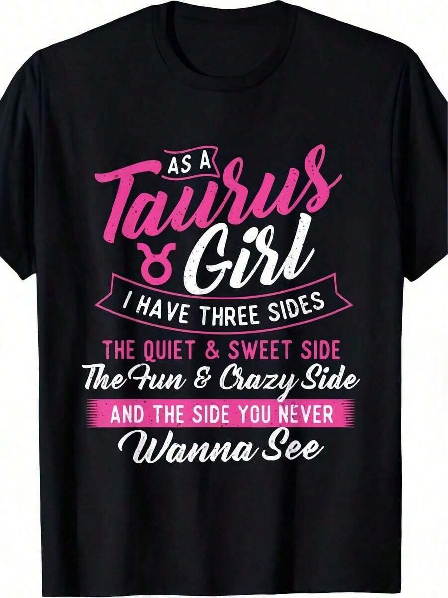 1 pieza Camiseta negra para mujer con estampado de Taurus Girl, cuello redondo, camiseta casual de algodón, tejido de punto de elasticidad media, corte regular para damas, para primavera/verano/otoño, 180g, 100% algodón. - Negro - Ver 1
