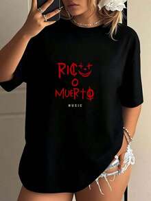 Unique Rico O Muerto T-Shirt With A Striking Design That Highlights Urban Music Culture And Y2K Style, Perfect For Expressing Your Personality At Any Event Or Casual Outing. Ideal For Lovers Of Contemporary Fashion And Music. Limited Availability, Don't Miss Out. VOAW - 黑色 - 查看 7
